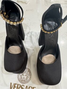 Versace Black Satin Block Heel Pumps with Gold Crystal Ankle Strap